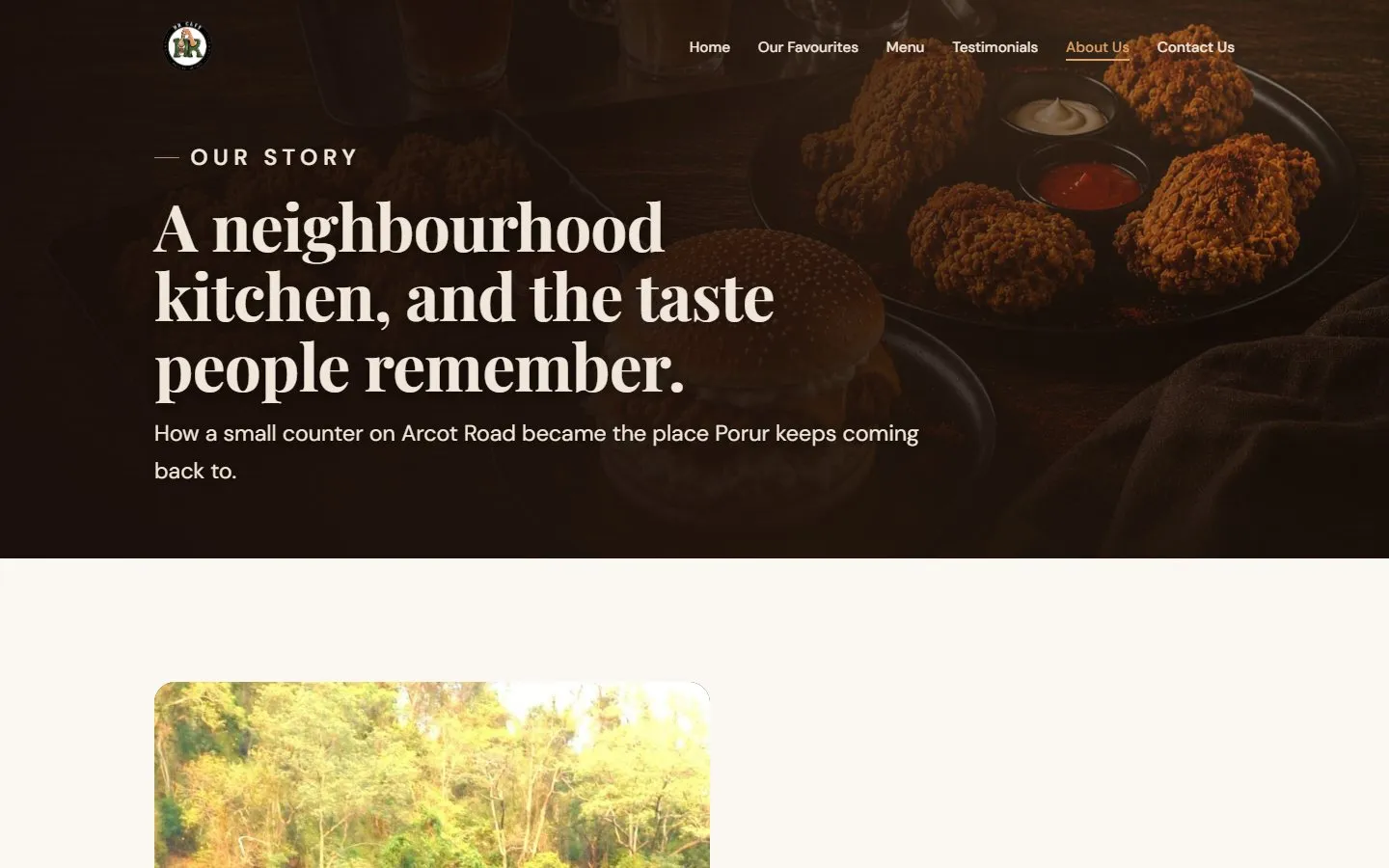 About page: the headline A neighbourhood kitchen, and the taste people remember, over a food photo, desktop view