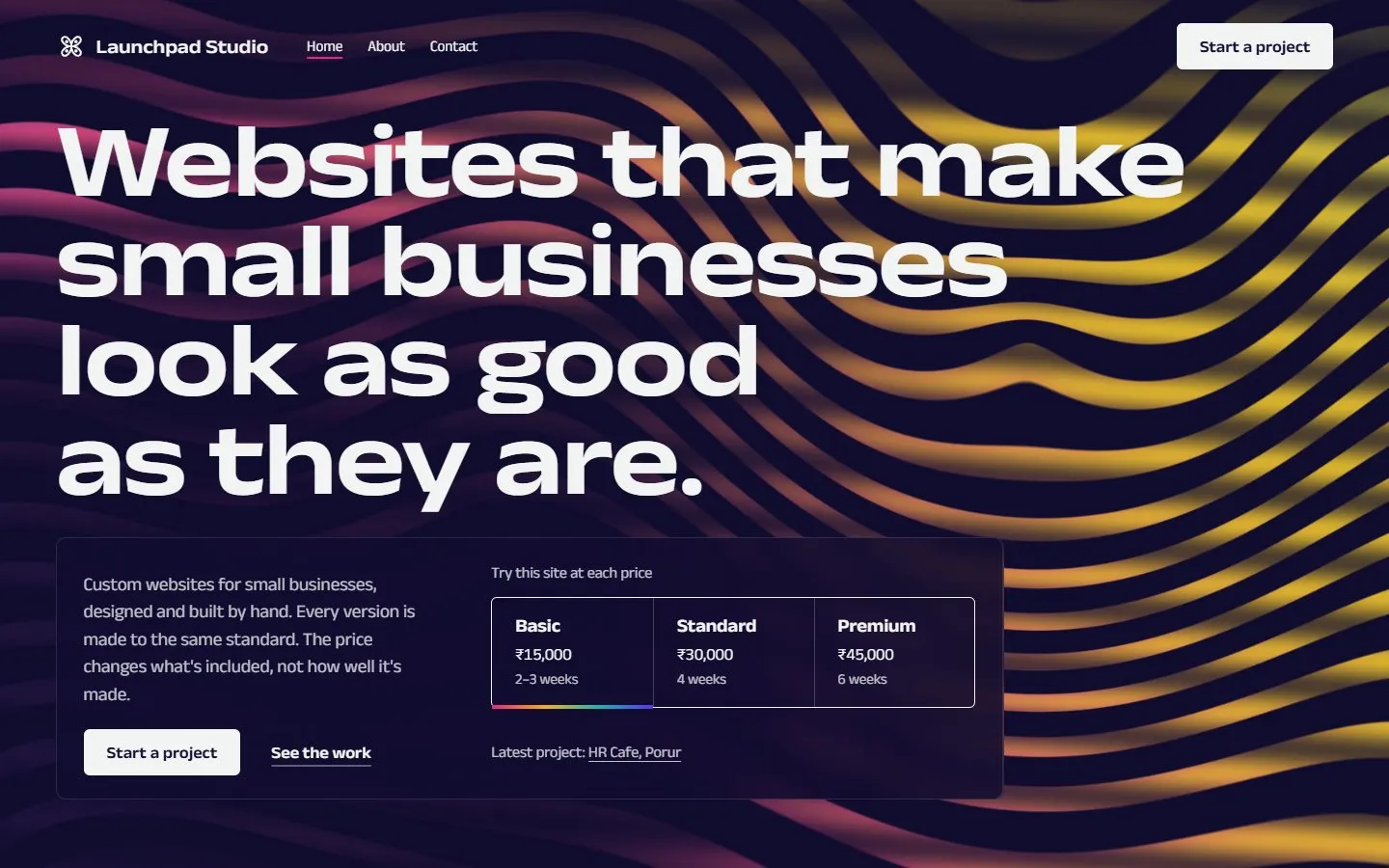 This site's home page at the Basic package, desktop view