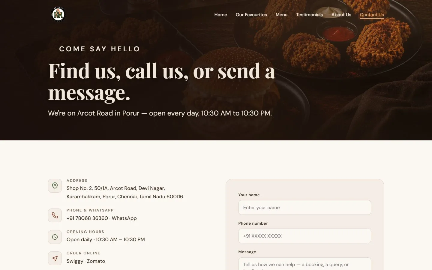 Contact page: address, phone and opening hours beside an enquiry form, desktop view