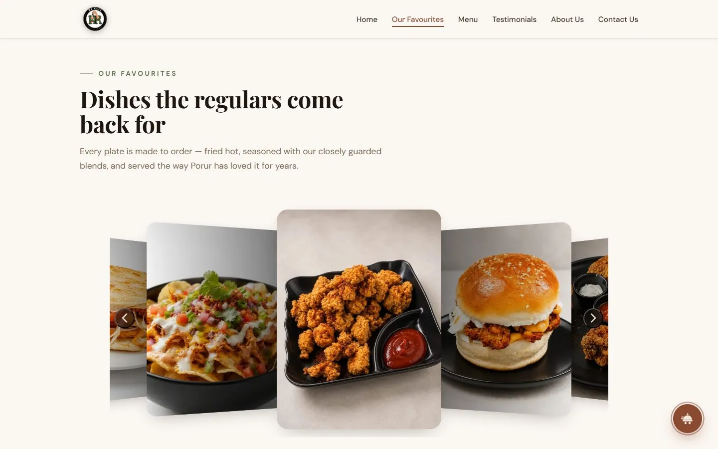 Our favourites section: a carousel of signature dishes with chicken popcorn in the centre, desktop view