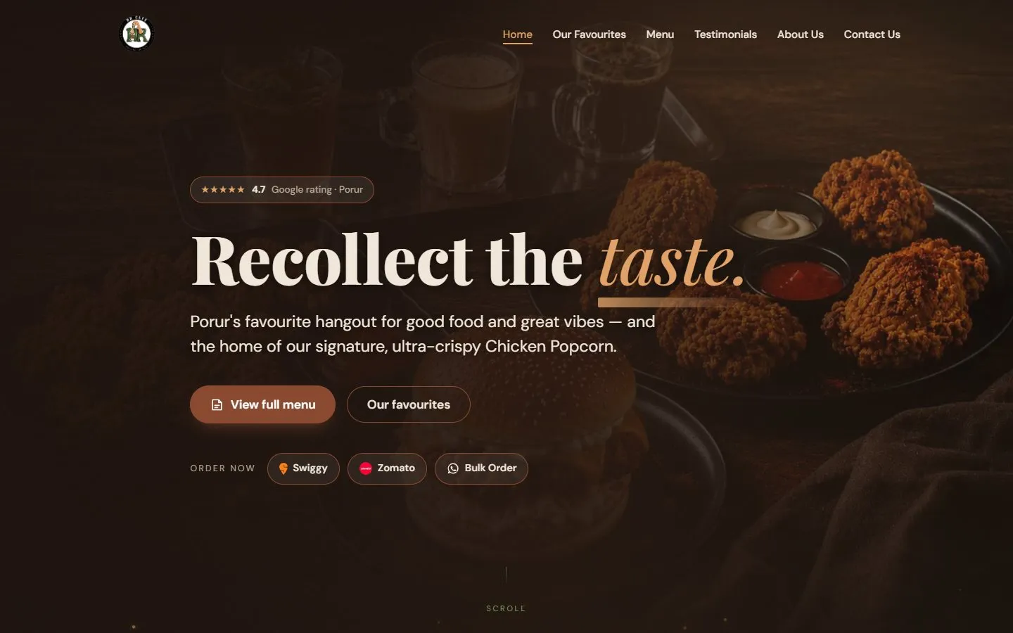 HR Cafe home screen: the headline Recollect the taste over a dark food photo, with a View full menu button and Swiggy, Zomato and WhatsApp ordering links, desktop view