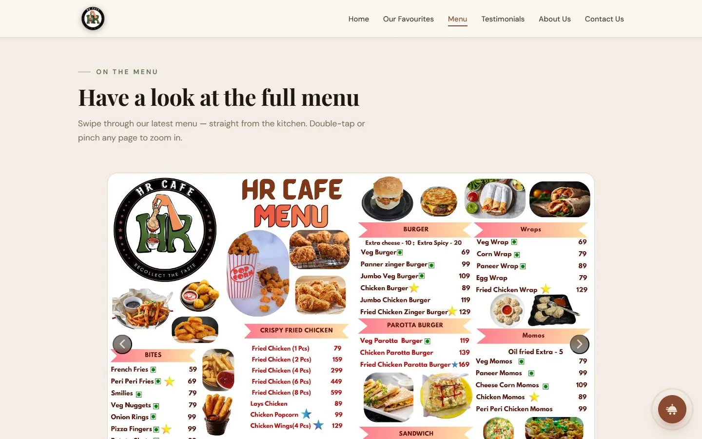 Menu section: the printed menu shown in a swipeable viewer, desktop view
