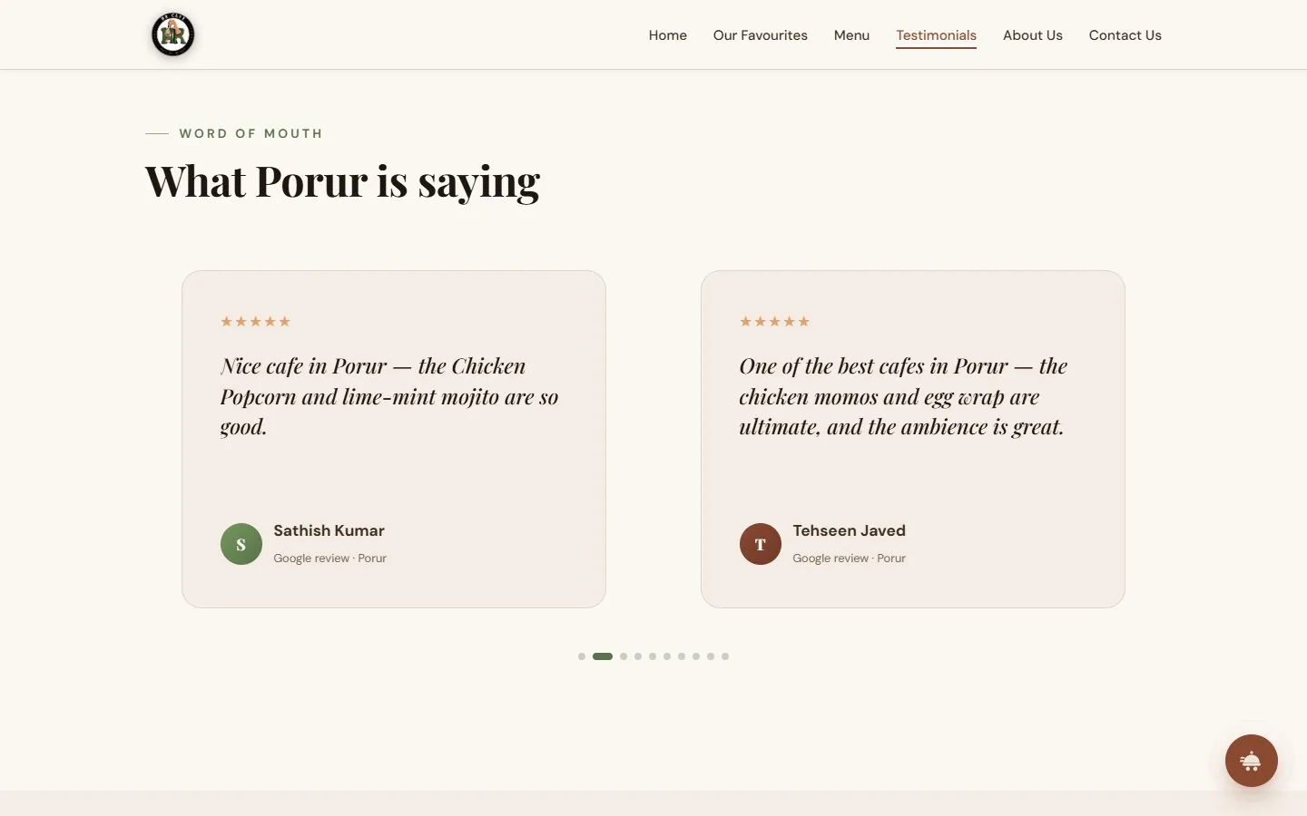 Reviews section: Google reviews from Porur customers shown as cards, desktop view