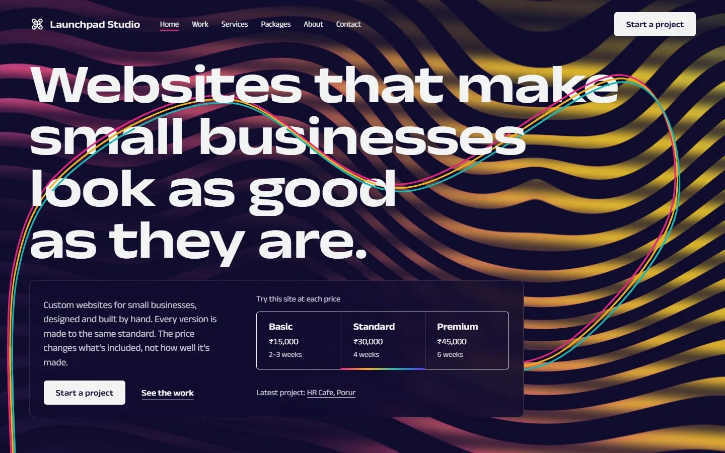 This site's home page at the Standard package, desktop view